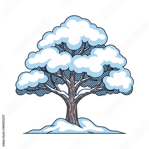Snow-covered tree with heavy branches and snowdrift in winter  