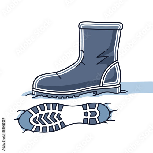 Winter boot leaving a deep footprint in snow, concept of winter weather icons  
