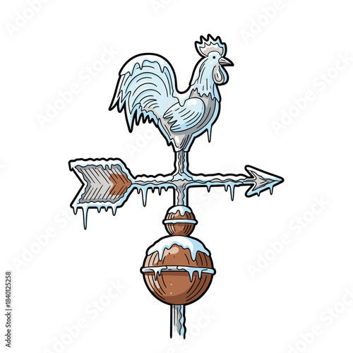 Frost-covered weather vane with rooster and icy arrow design  