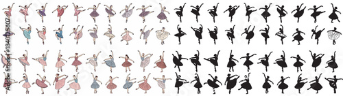 Ballerina poses collection in outline and silhouette style