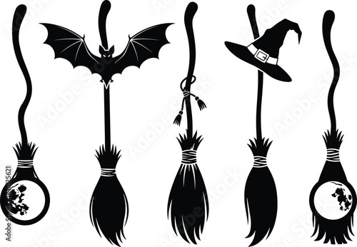 Black silhouette Halloween witch brooms with bat moon and hat elements vector