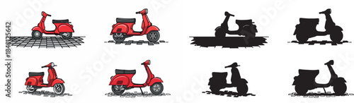 Red scooter set with silhouettes on pavement