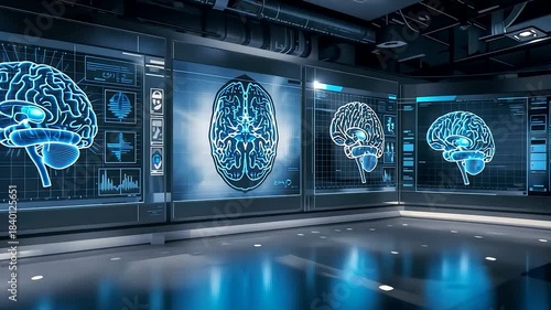 Multiple Glowing Blue Holographic Human Brain Models Displayed on Large Screens in Modern Laboratory