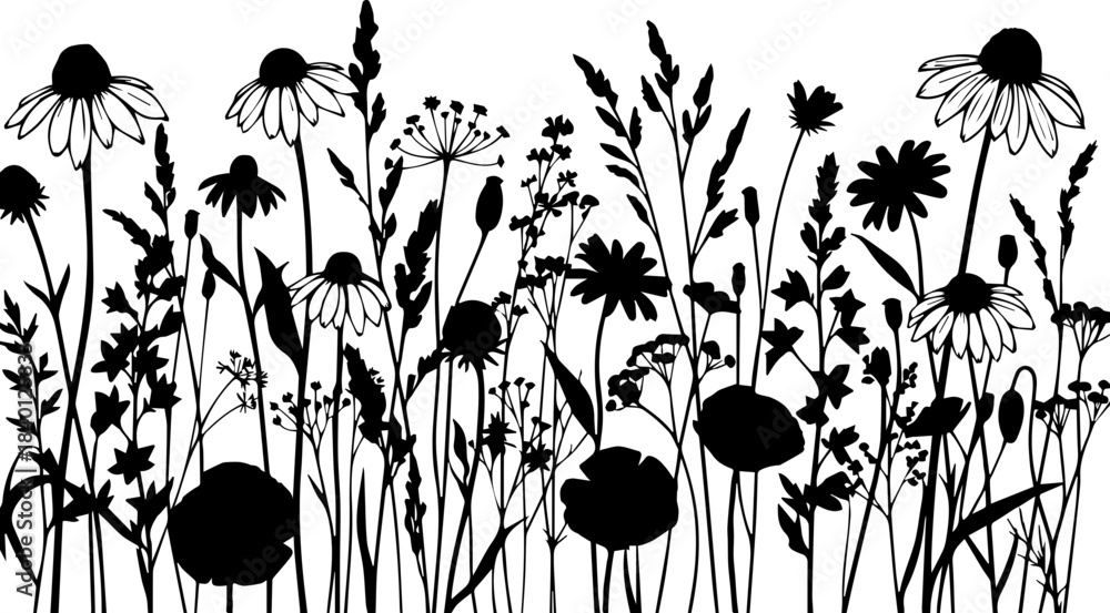 Naklejka premium Elegant floral silhouette featuring wild meadow plants for a natural, breezy, and fresh springtime design accent with beautiful botanical elements