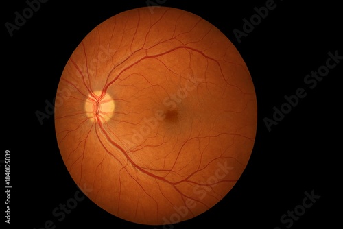 Fundus photograph of the human retina showing optic disc, macula, and blood vessels