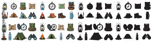 Camping equipment icons set with transparent background