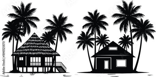 Tropical Beach Huts and Palm Trees Silhouette Vector Illustration, Idyllic Caribbean Vacation Resort Bungalow Graphics, Summer Paradise Island Landscape Scene Design.