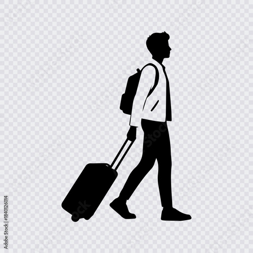 A black silhouette of a young male traveler walking and pulling wheeled luggage while wearing a jacket and backpack, symbolizing tourism or departure.
