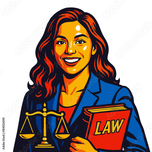 smiling female lawyer in a blazer, holding a red law book with confidence. Generative ai vector colorful pop art illustration.