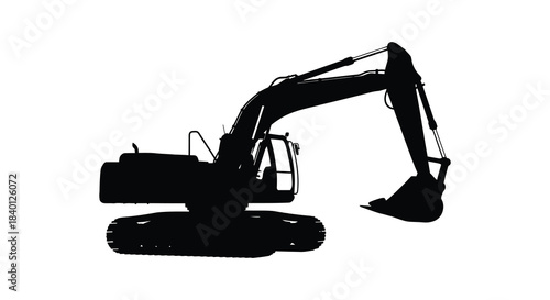 A dark silhouette of a heavy duty excavator machine showing construction equipment details silhouette