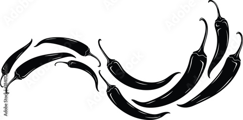 Black Silhouette Chili Peppers Flowing in a Curved Wave Pattern Keywords: chili, pepper, hot, spicy, food, ingredient, vegetable