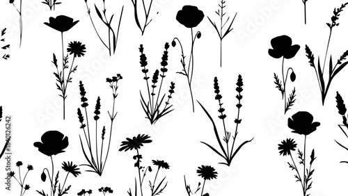 Elegant black and white botanical silhouette pattern featuring delicate wildflowers and lavender sprigs for textile design