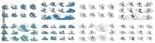 Surfers riding waves in various poses