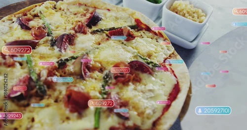 Camera shifting, AR labels appearing and drifting across pizza, identifying toppings for designers