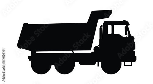 A stark depiction of a heavy duty dump truck in a simple black silhouette