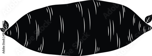 Black Silhouette of a Sweet Potato with Vertical Lines and Leaf Accents root vegetable
