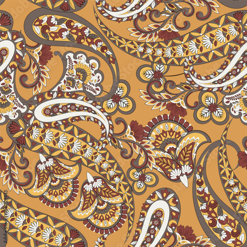 Floral seamless pattern with paisley ornament. Vector illustration in asian textile style