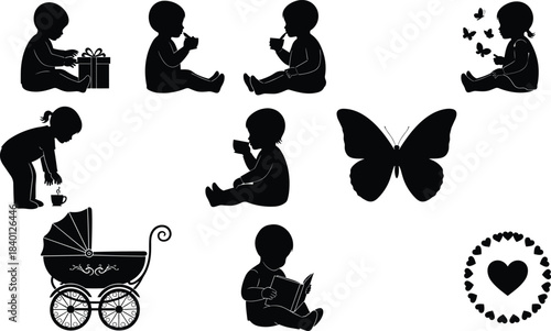Collection of black baby silhouettes engaged in various activities with objects and nature elements
