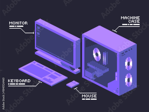 Contemporary Computer Build in Isometric View, Futuristic Interface, Pixel Art Style with Purple Tone Color