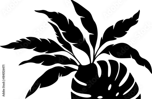 Bold black silhouette of a potted plant with large leaves, bringing a touch of modern nature and organic elegance to any design project