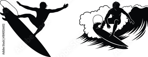 Two surfer silhouettes, man surfing on wave and jumping with surfboard, black vector illustration isolated on white background, summer water sport concept