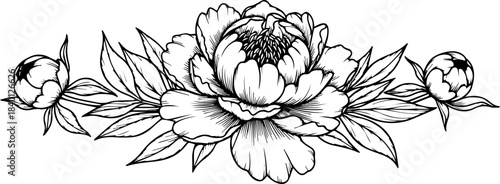 Elegant peony flower line art design element for invitations or branding, creating a sophisticated floral touch for a modern and stylish aesthetic
