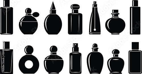 Collection of black perfume bottles and atomizers in silhouette on white background