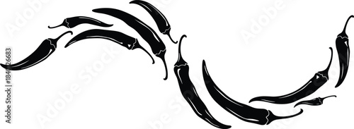 Black Silhouette of Hot Chili Peppers Arranged in a Wavy Pattern Keywords: chili pepper, hot pepper, spice, spicy, food, ingredient