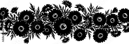 Stunning dense floral border design featuring detailed daisy silhouettes perfect for elegant wedding invitations or textile patterns