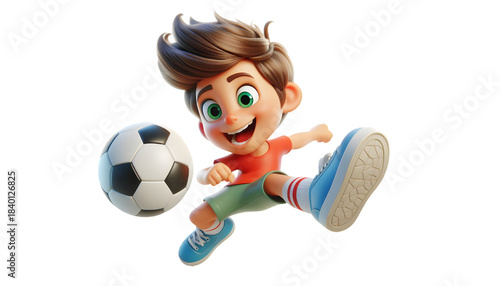 3d cartoon character of little boy playing soccer on transparent background