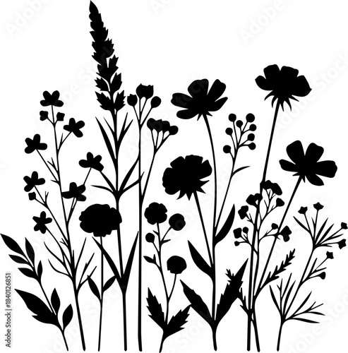 Elegant wildflower garden silhouette illustration, perfect for spring designs, wedding invitations, or nature-themed projects with a touch of organic beauty