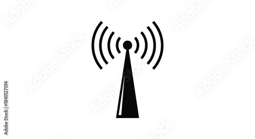 A stark black communication tower icon with radiating waves a simple graphic silhouette