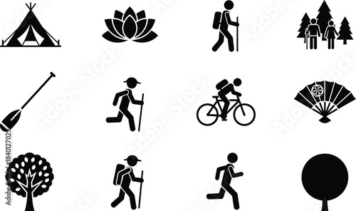 Collection of black silhouette icons depicting outdoor activities and nature elements