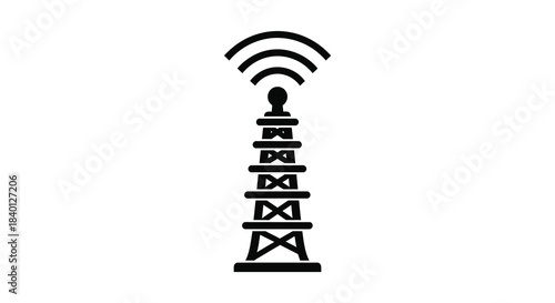 A stacked geometric tower design with a radiating signal atop a striking silhouette