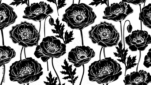 Elegant poppy flower pattern for a sophisticated design, a bold botanical print with delicate floral accents and a timeless monochromatic style