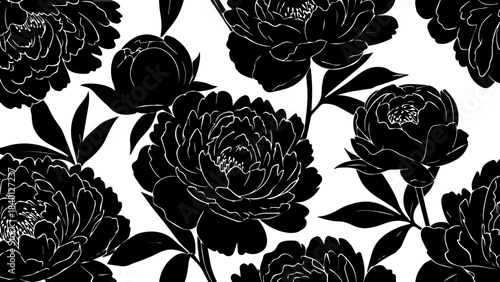 Elegant peony floral design, delicate black petals create a striking botanical pattern, perfect for sophisticated backgrounds and stylish designs with nature's beauty