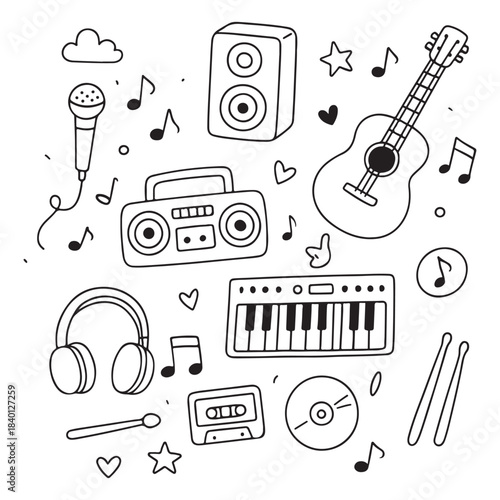 Collection of Musical Instruments and Audio Equipment Doodle Art.