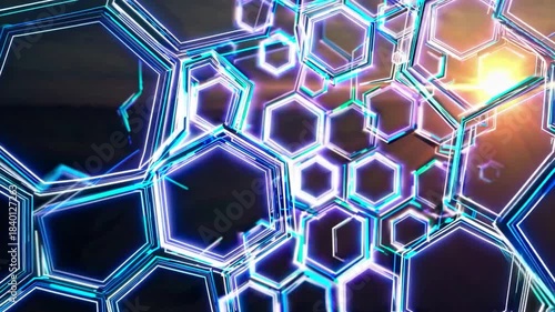 Hexagonal shapes glow with vibrant colors, creating a stunning visual display against a warm, radiant backdrop. Light beams filter through the design, emphasizing the captivating p