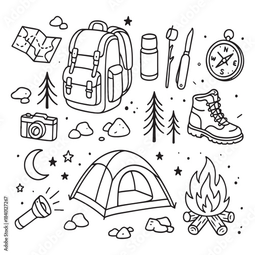 Hand drawn camping and hiking essentials set with backpack tent campfire and outdoor gear.