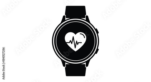 A sleek black smartwatch displays a heart rate monitor icon on its face silhouette