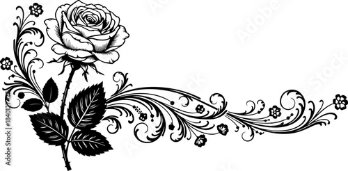 Elegant rose floral flourish design element for invitations, stationery, and branding projects, perfect for adding a touch of romance and sophistication