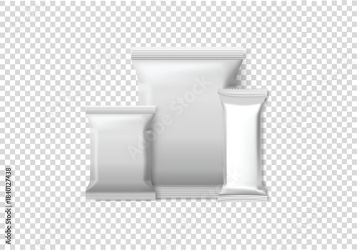 Realistic White blank snack Pouch bag mockup for chips, vector crisps or food packaging png, 
Isolated on transparent background