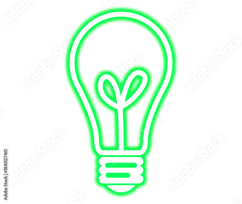 Bright green neon light bulb icon featuring a heart shape filament symbolizing love and innovation ideas on transparent background