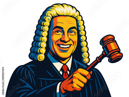 cheerful judge with a gavel and traditional wig, ideal for legal, justice, or courtroom-themed content. Generative ai vector colorful pop art illustration.