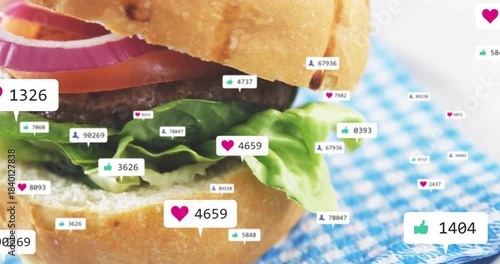 Notification bubbles floating, multiplying and clustering as camera pushing in, burger gaining buzz