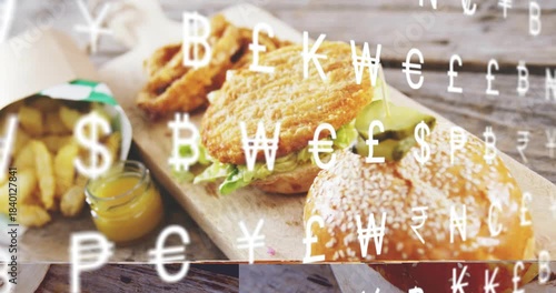 Glyph overlay drifting, revealing sesame bun, fries and jar, framing shifting to showcase product