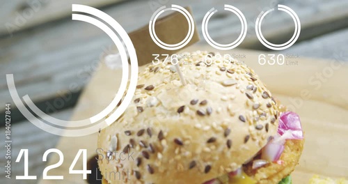 HUD graphics appearing, camera pulling back and revealing seeded burger and fries, showing product