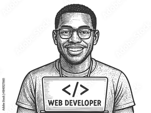 happy web developer showing a laptop screen with coding brackets and job title sketch engraving generative ai fictional character vector illustration. Scratch board imitation. Black and white image.