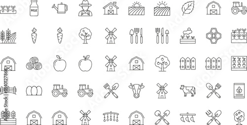 Farm agriculture icon set, line style farming symbols collection, rural food production, organic harvest, livestock, tools, nature elements