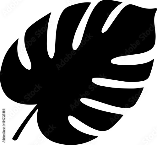 Bold black silhouette of a tropical Monstera deliciosa leaf perfect for modern nature themed design projects and elegant branding
